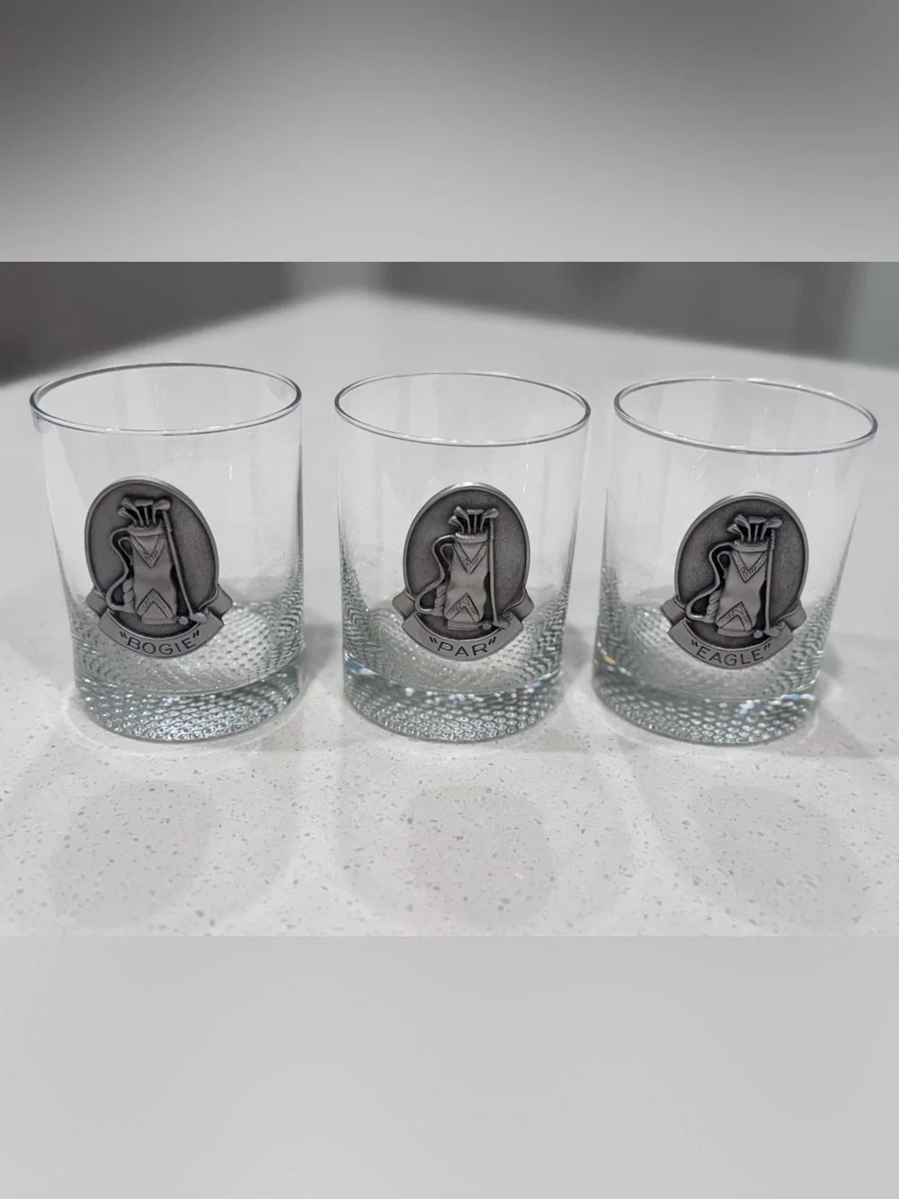Vintage Pewter Golf Medallion Rocks Glasses Set of 3 Par Bogie Eagle